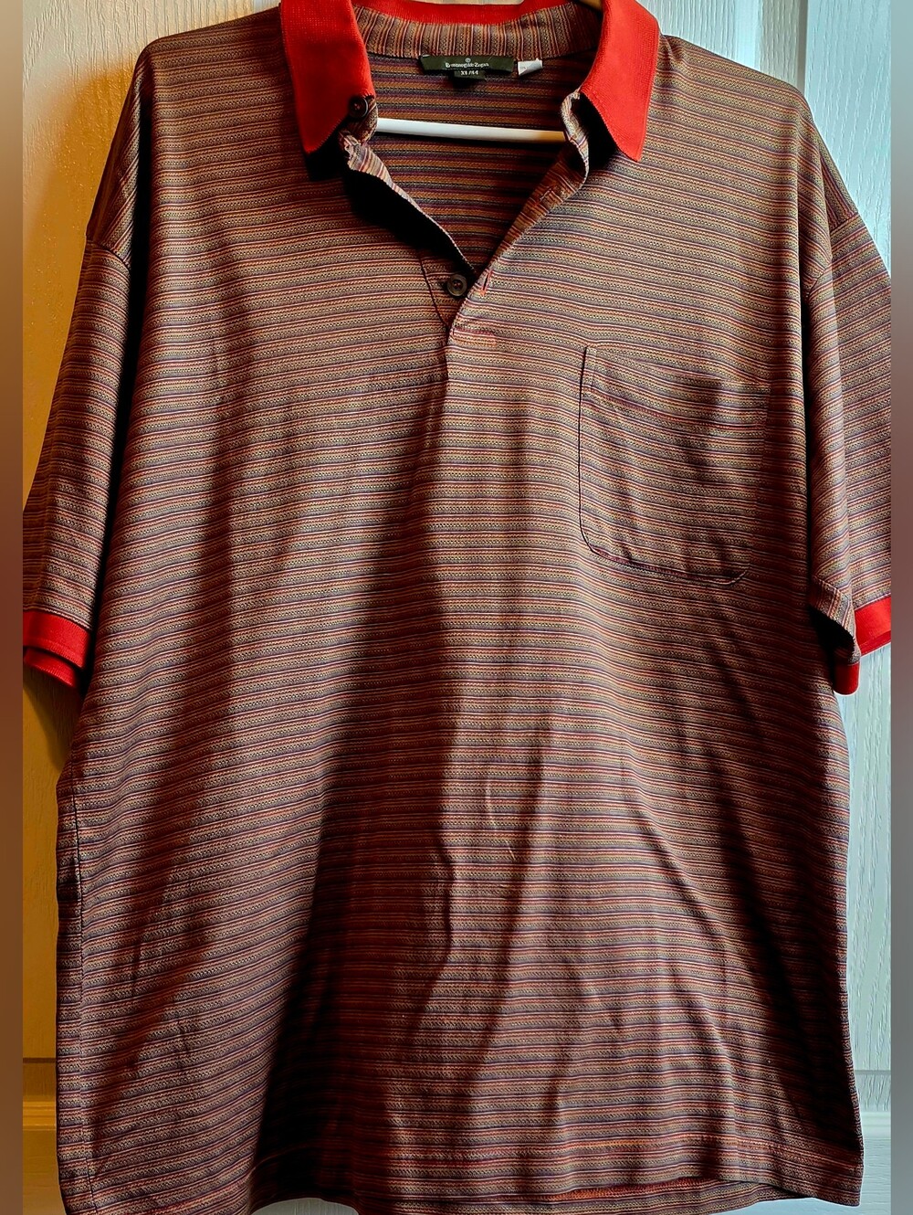 Ermenegildo Zegna Orange/Brown Men's XL Striped Polo Shirt with Red Accents